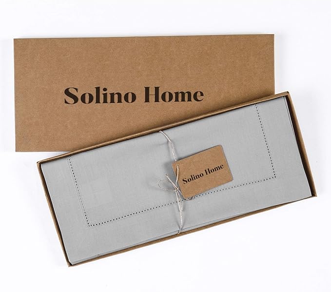 Solino Home Light Grey Table Runner 90 Inches Long - Cotton Linen Hemstitch 14 x 90 Inch Table Runner for Dining, Holiday