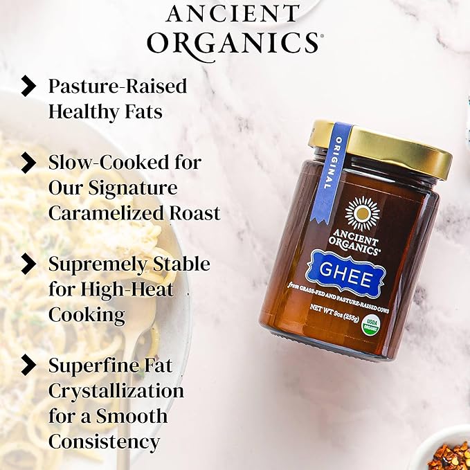 Ancient Organics Ghee - Organic Grass Fed Ghee Butter, Gluten Free, Clarified Butter, Vitamins & Omegas, Lactose Reduced, Kosher, USDA Certified - 28 Oz (Pack of 2)