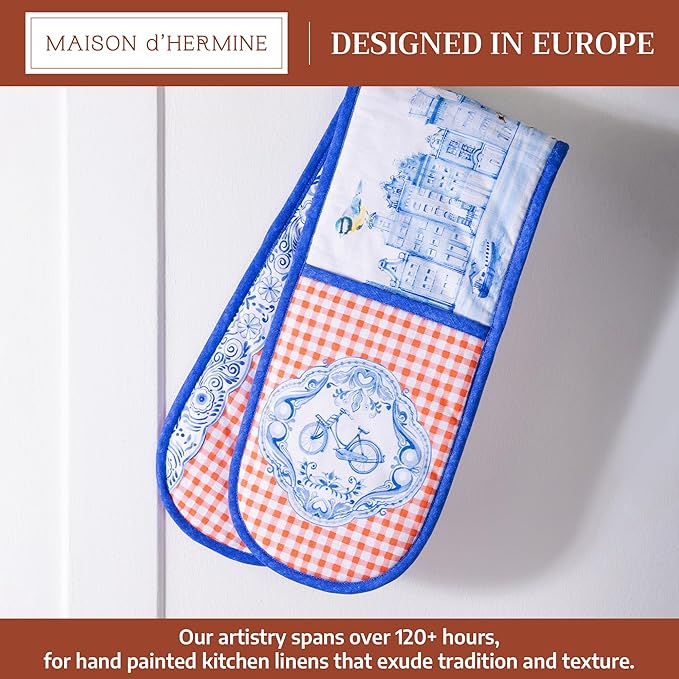 Maison d' Hermine Double Oven Mitts 100% Cotton 7"x35" Double Oven Mitt Heat Resistant BBQ Cooking Gloves with Loop, Baking, Grilling, Home, Kitchen, Handling Hot Pans Spring Summer (Amsterdam Canals)