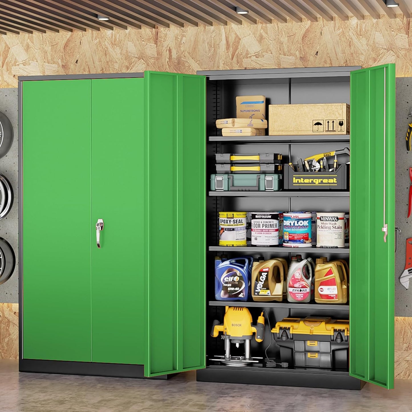 INTERGREAT Metal Storage Cabinet, 72" Locking Storage Cabinets with Doors and 4 Shelves, Tall Tool Storage for Garage, Steel Lockable Cabinet Metal Locker for Home Office, Black Green
