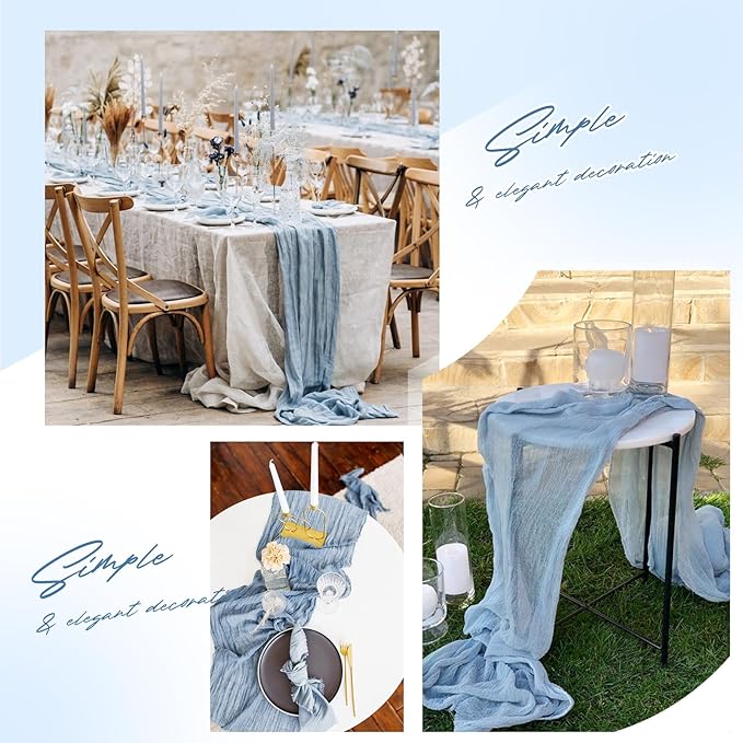 Aktor 12 Pack Dusty Blue Cheesecloth Table Runner 10Ft Gauze Table Runner Boho Semi Sheer Cheese Cloth Fabric Runners for Wedding Birthday Baby Shower Party Table Decoration（Dusty Blue）