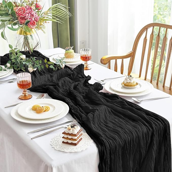 IVAPUPU 2 Pcs Cheesecloth Table Runner - 10ft Black Boho Gauze Black Cheese Cloth Table Runners for Indoor Baby Shower Decoration Wedding Party Summer Garden Fall Thanksgiving Decor