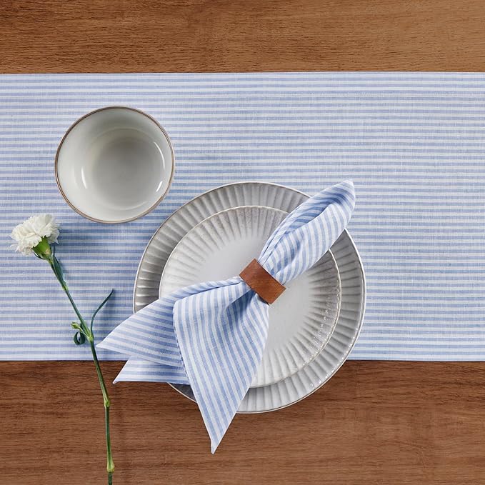 Solino Home Linen Striped Table Runner 108 Inches Long - Narrow Stripe 100% Pure Linen Cornflower Blue and White Dining Table Runner 14 x 108 Inch