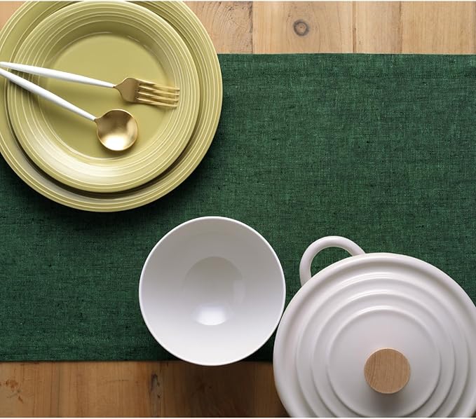 Solino Home Linen Table Runner 48 Inches - 100% Pure Linen Forest Green Table Runner 14 x 48 Inch Ideal for Dresser and Coffee Tables - Athena - Christmas, Winter, New Year