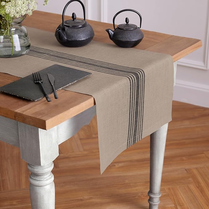 Solino Home Linen Striped Table Runner 120 Inches Long - Farmhouse 100% Pure Linen Black and Natural Table Runner 18 x 120 Inch - Handcrafted and Machine Washable