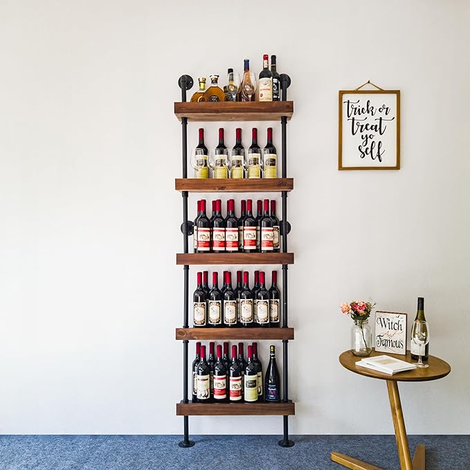 Industrial Wine Rack Wall Mounted, Industrial Pipe Bar Shelf for Wine Display, 5-Tier Rustic Hanging Organizer for Wine Bottle Storage in Kitchen, Bar, Pub, Cellar(Walnut Brown, 24 Inch)
