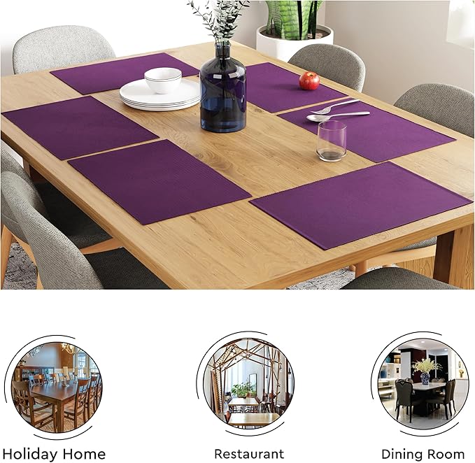 Encasa XO Dining Placemat Set of 6 | Solid Purple Color | Fine Ribbed Cotton Table mat | Size 19x13 in |for Dining Table Fall Decoration, Holiday & Christmas Festivals - Machine Washable