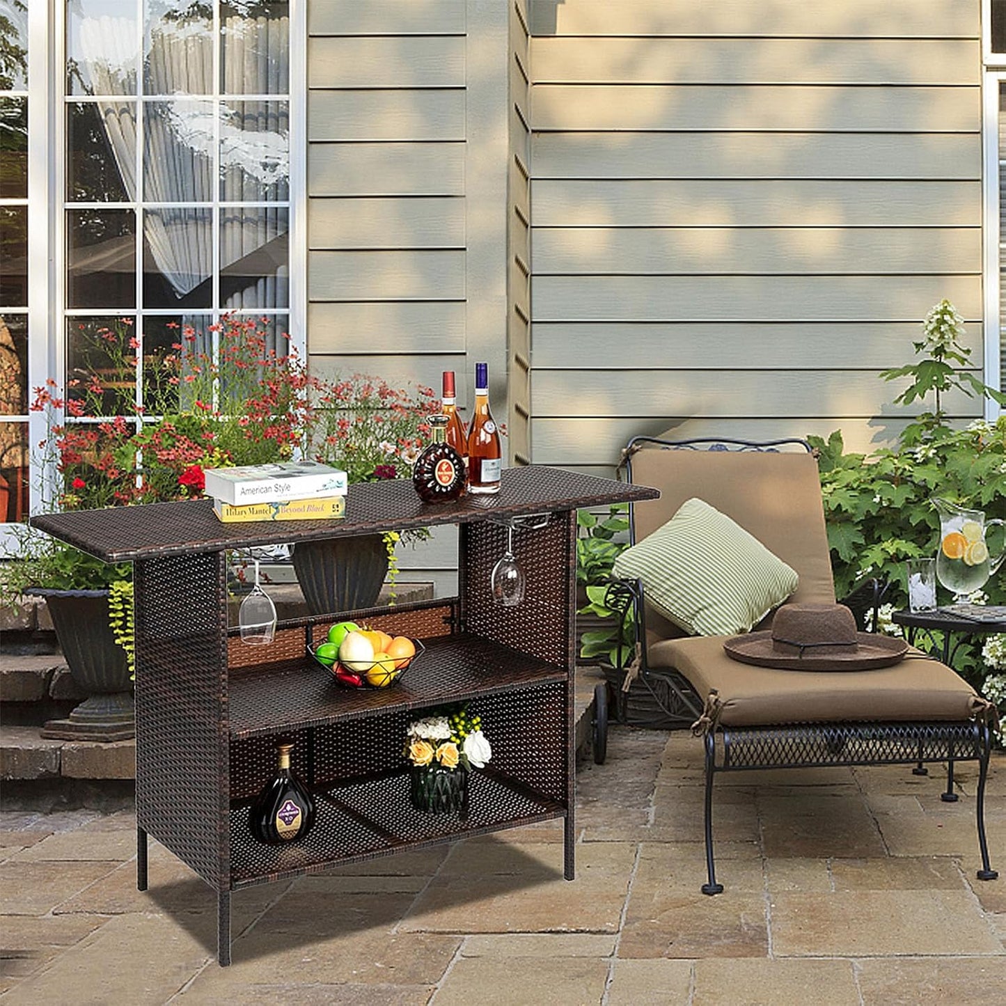 Outvita Outdoor Bar Counter Table, Patio Wicker bar Table with 2 Layer Shelves and Wine Racks for Poolside, Backyard, Garden, Porches Brown
