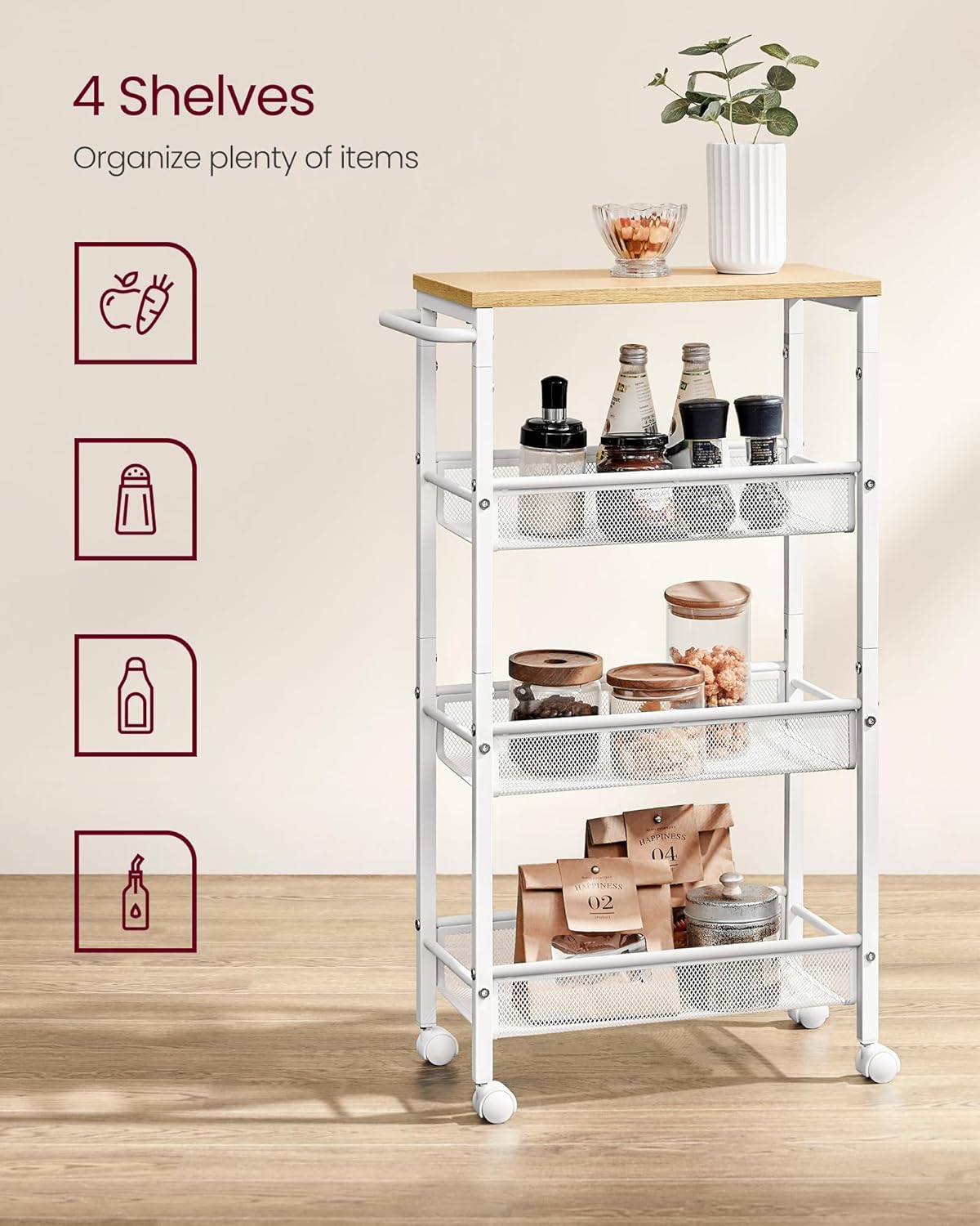 VASAGLE Slim Rolling Cart, 4-Tier Storage Cart, Narrow Cart with Handle, 8.7 Inches Deep, Metal Frame, for Kitchen, Dining Room, Living Room, Home Office, Oak Beige and Classic White ULRC033W09