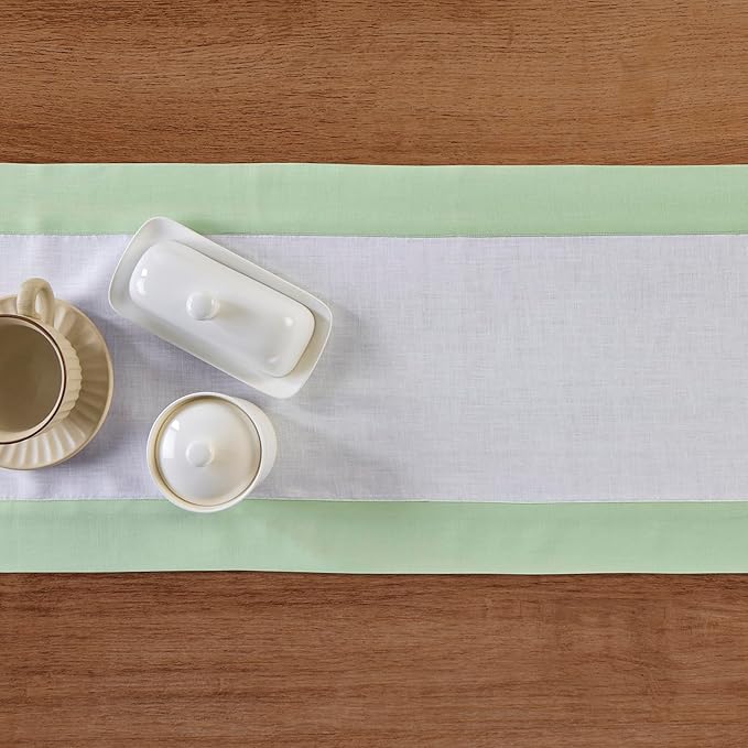 Solino Home Linen Table Runner 60 Inches - 100% Pure Linen Light Green and White Small Table Runner 14 x 60 Inch Ideal for Dresser and Coffee Tables - Contempo