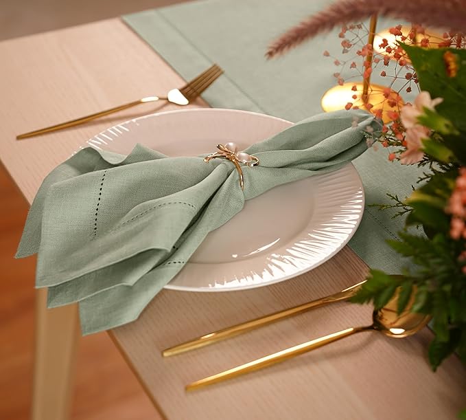 Home Ekaa 100% Pure Linen Sage Green Napkins 20 x 20 Inch - Hemstitch Christmas Dinner Napkins Set of 4 - Cloth Fabric Napkins for Christmas,Fall, Holiday, Winter, New Year - Elara