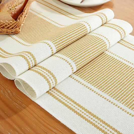 Niviy Gold Table Runner with Tassels, 72 Inches Long Farmhouse Macrame Cotton Linen Woven Runners for Summer Home Decor, Gold Table Decorations for Event Party, Christmas (Yellow, 12"×72")