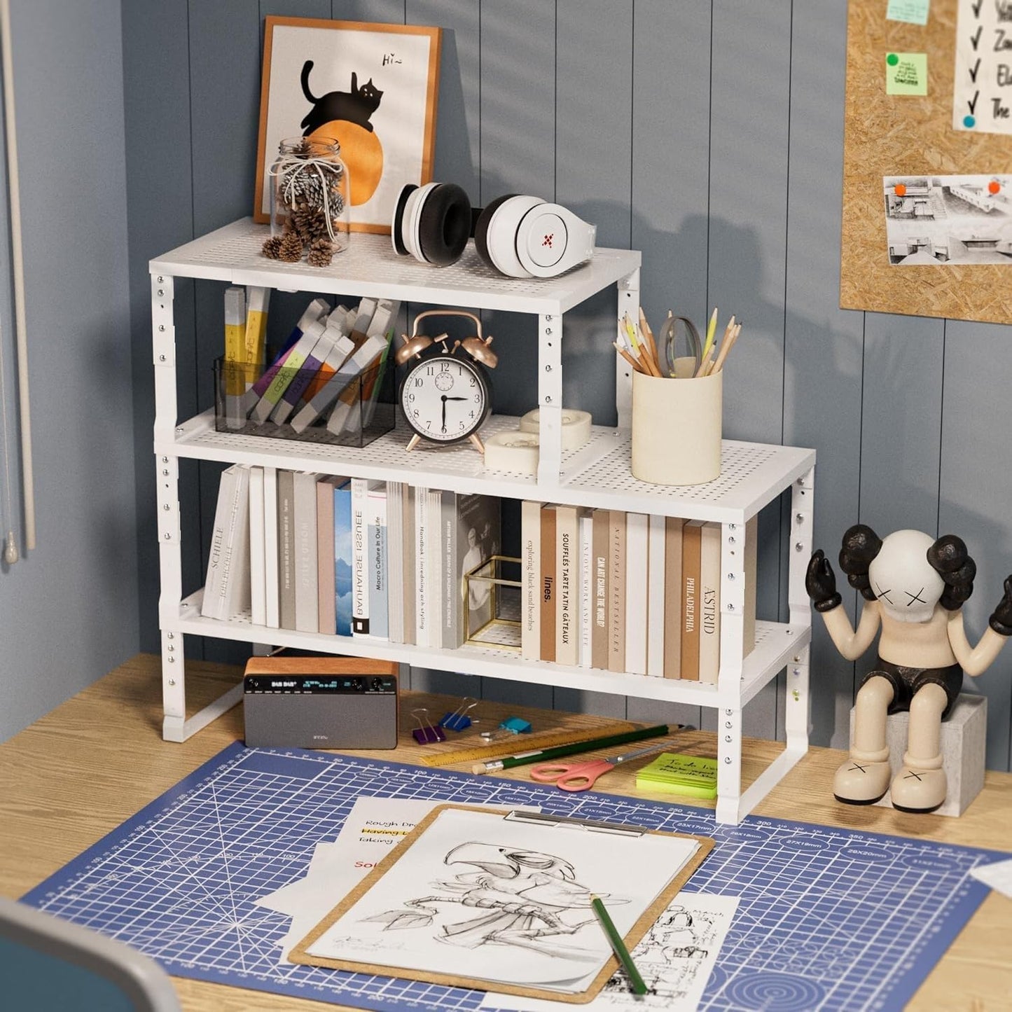 Expandable Spice Rack Kitchen Cabinet Shelf Organizer, Stackable Storage Shelves Racks, Adjustable Counter Shelving for Cabinets, Countertop, Cupboard,Pantry and More(1Pack/White/Large)