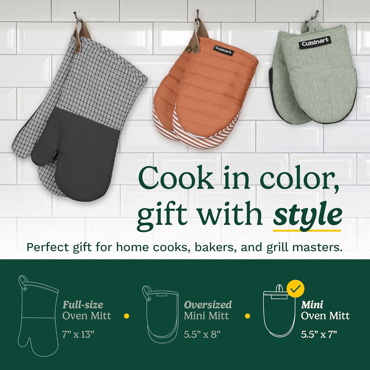 Cuisinart Mini Oven Mitts – 5.5” x 7” Heat-Resistant Kitchen Mitts for Oven with Non-Slip Neoprene Palm, Cotton Filling, and Fabric Loop – Durable Oven Mitt Set for Cooking & Baking (Light Blue)