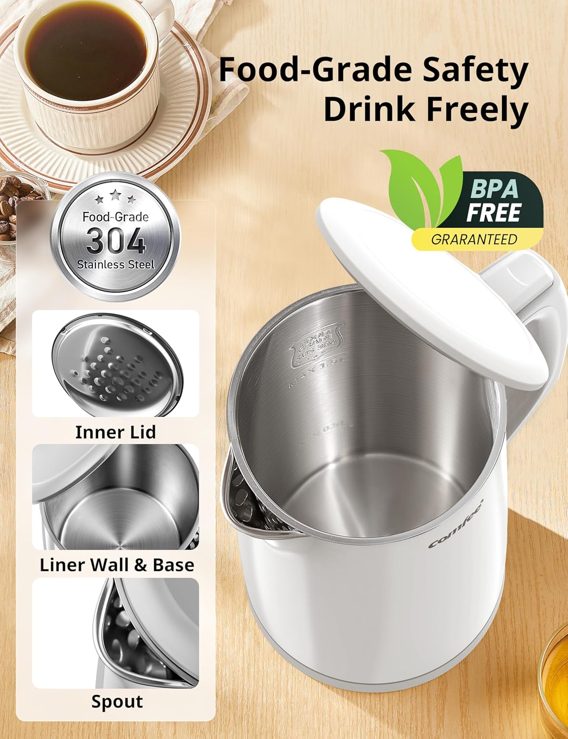 COMFEE' Electric Kettle and Tea Kettle, 1.5L Double Wall, Stainless Steel Interior, Lid & Spout, Fast Boil, Auto-Off, and Boil-Dry Protection, 1500W