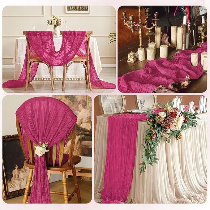 6 Pack Hot Pink Cheesecloth Table Runner 17x108 Inch Semi Sheer Boho Gauze Cheese Cloth Fabric Table Runners, for Wedding Party Baby Shower Birthday Home Decor Garden Farmhouse