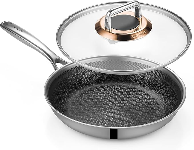 Hybrid Nonstick 10-Inch Frying Pan with Lid,Non Stick Frying Pan,PFAS PFOA PTFE Free,Stay-Cool Handle, Dishwasher-Friendly, Oven-Safe Up to 600°F, Induction Ready, Compatible with All Cooktops
