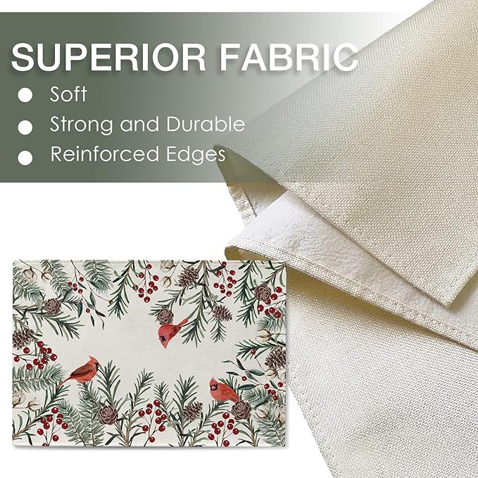 Seliem Winter Cardinal Birds Placemats Set of 4, Red Berries Branch Pine Cone Cotton Vintage Dining Table Place Mats, Seasonal Christmas Holiday Kitchen Decor Home Decoration 12 x 18 Inch