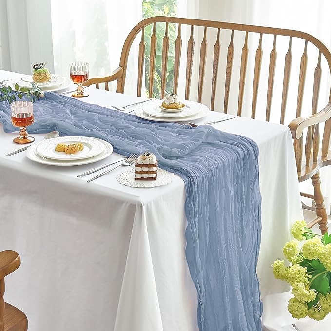 IVAPUPU 2 Pcs Cheesecloth Table Runner - 10ft Dusty Blue Boho Gauze Cheese Cloth Table Runners for Baby Shower Decoration Wedding Party Summer Garden Farmhouse