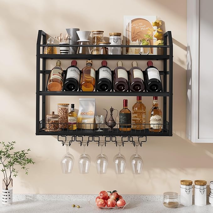 Hoctieon Wall Mount Wine Rack, Wall Mounted Wine Bottle Rack for Display and Storage, Hanging Bottle Holder, for Living Room, Dining Room, Bar, Wine Cellar, Black