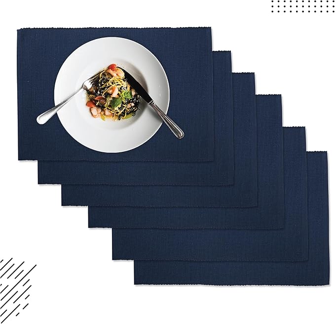 Encasa XO Dining Placemat Set of 6 | Solid Solid Navy Blue Color | Fine Ribbed Cotton Table mat | Size 19x13 in |for Dining Table Fall Decoration, Holiday & Christmas Festivals - Machine Washable