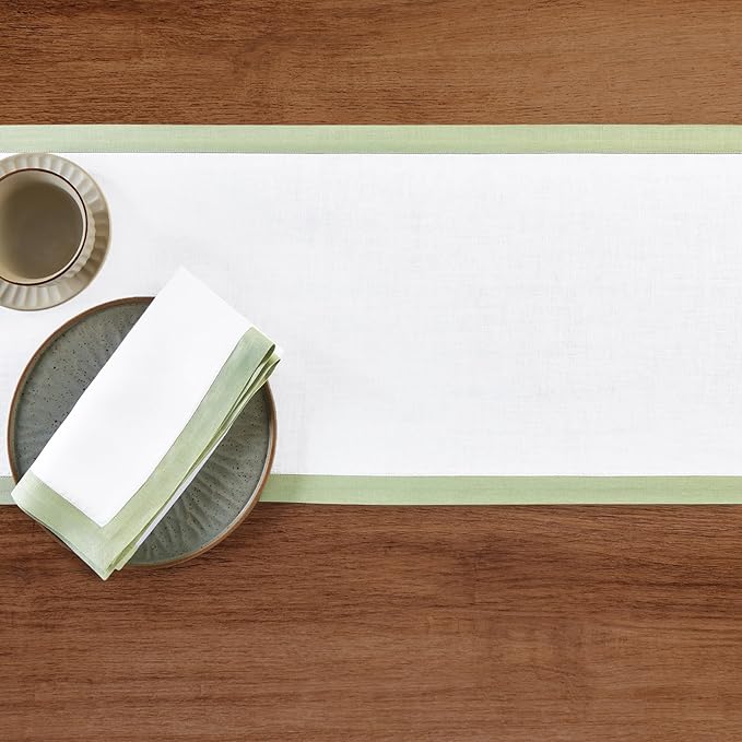 Solino Home Linen Table Runner 90 Inches Long - 100% Pure Linen Sage Green and White Dining Table Runner 14 x 90 Inch for Christmas, Winter, New Year - Classic