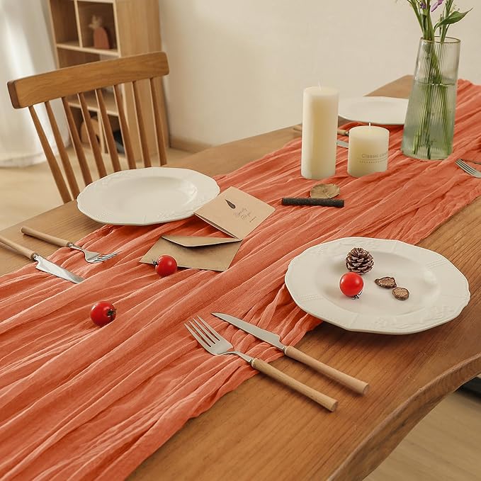 Leetaltree 2 Pack Orange Boho Rustic Cheesecloth Table Runner, 35x120 Inch, Decorative Table Runners for Bridal, Baby Shower, Wedding Table Decorations