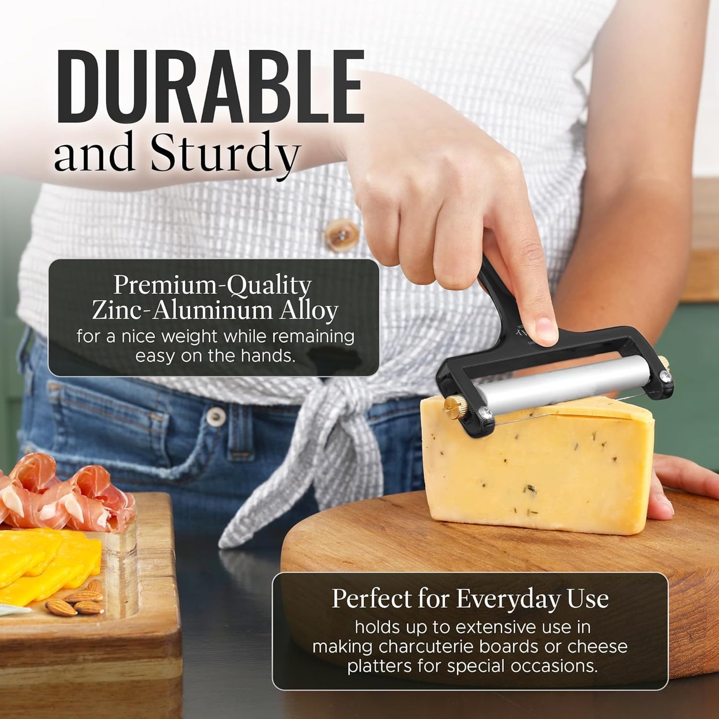 Zulay Kitchen Stainless Steel Wire Cheese Slicer - Adjustable Hand Held Cutter with 2 Extra Wires - Premium Cheese Shaver For Mozzarella, Cheddar, Gruyere - Black
