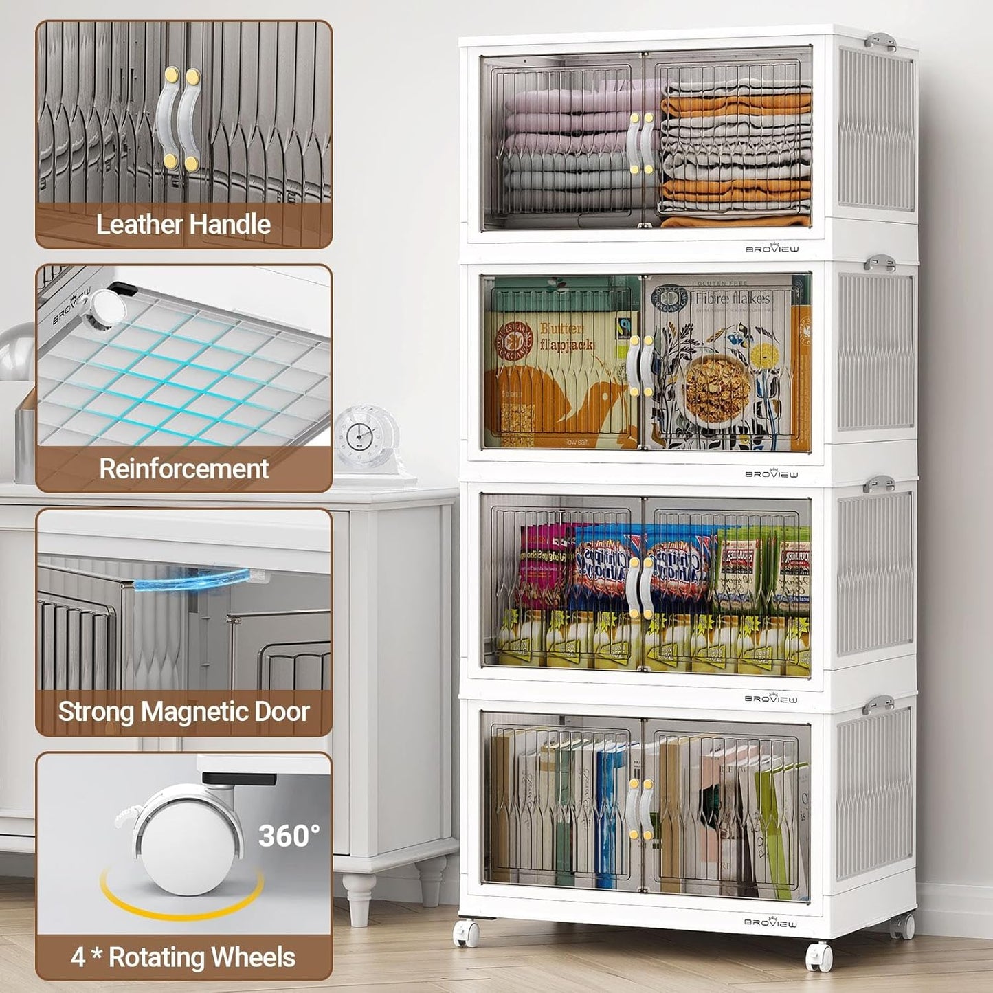 500Qt Stackable Storage Bins with Lid, Extra Large Closet Organizer Collapsible Drawer Boxes with Wheels, Folding Plastic Cabinet Containers for Home Kitchen Room Organization, 5Pack White