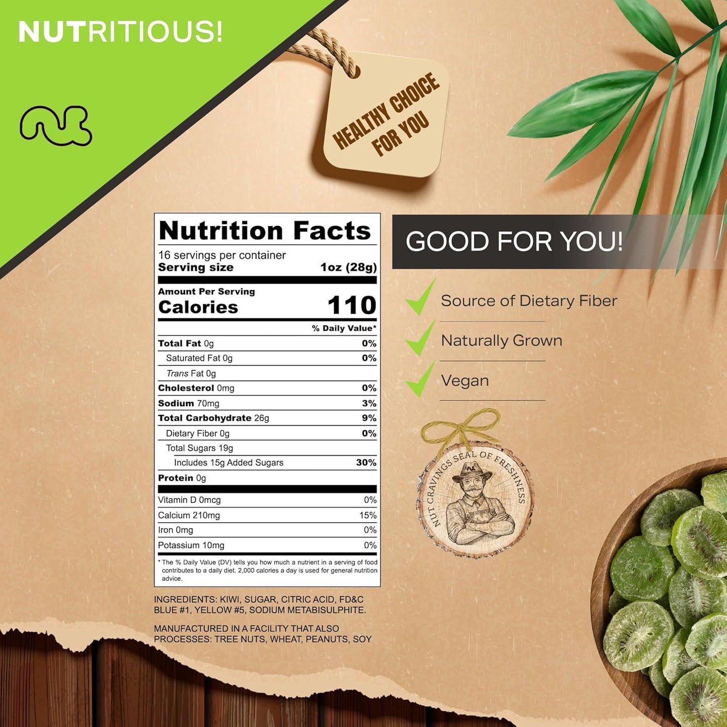 NUT CRAVINGS - Sun Dried Kiwi Slices, Lightly Sweetened (16oz, 1 LB) Bulk Dry Fruits Packed Fresh in Resealable Bag - Sweet Healthy Snack, Naturally Grown, Vegan, Kosher