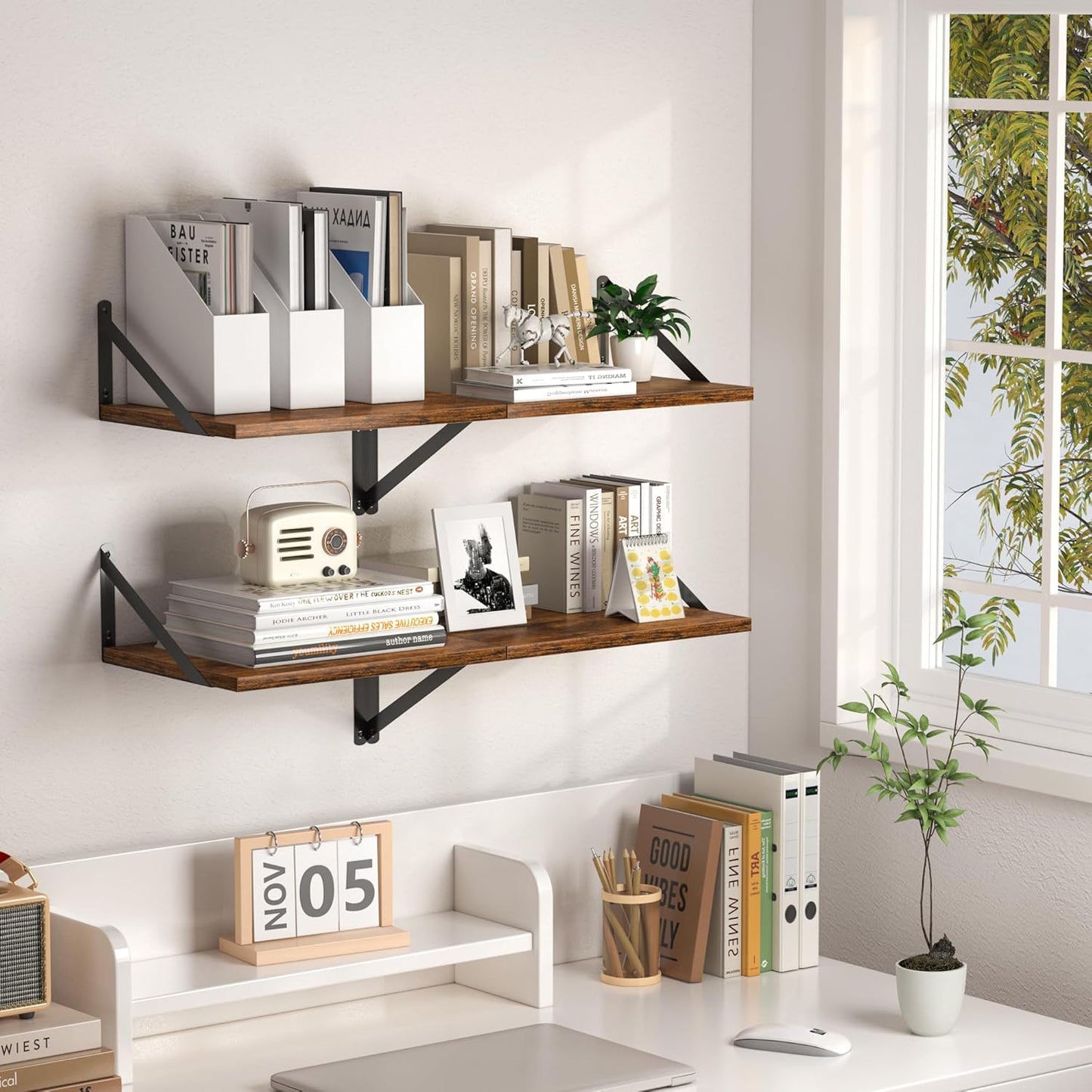 Heimlove Deep Floating Shelves for Wall, 16W x 12D Wood Wall Shelves Set of 2, Wide Floating Bookshelf for Living Room, Kitchen, Office, Bedroom and Decor Storage, with Metal Bracket - Rustic Brown