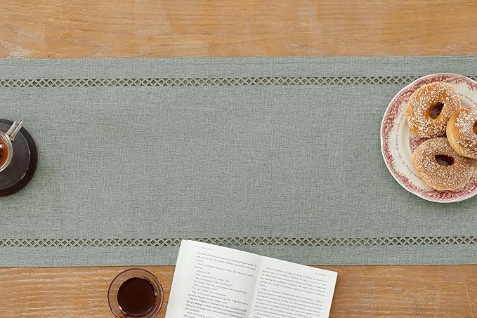 Burlap Style Farmhouse Table Runner, 13 x 108 Inch Grey, Rustic Geometric Hollow Table Runners 108 Inches Long for Dresser Table Everyday Use, 13x108 Inches, Grey