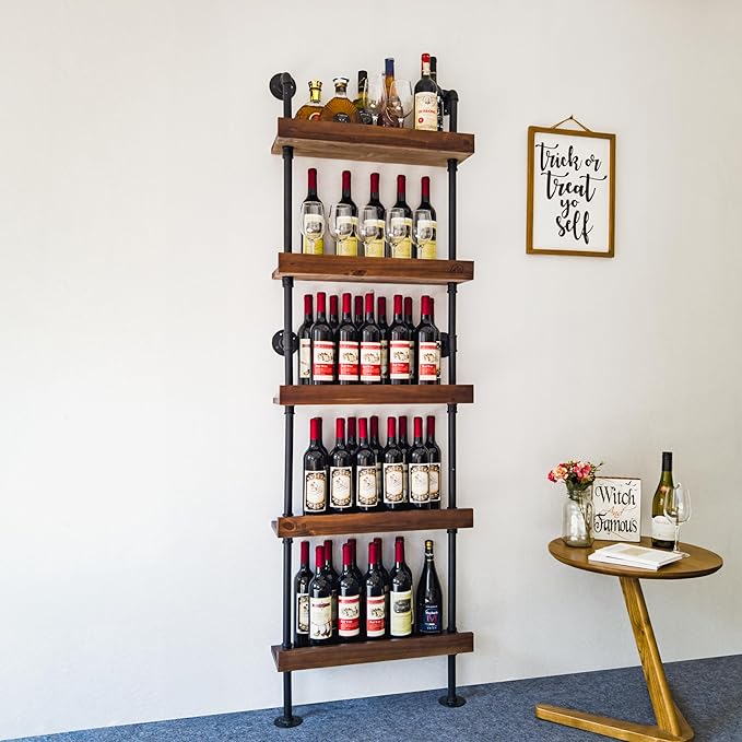 Industrial Wine Rack Wall Mounted, Industrial Pipe Bar Shelf for Wine Display, 5-Tier Rustic Hanging Organizer for Wine Bottle Storage in Kitchen, Bar, Pub, Cellar(Walnut Brown, 24 Inch)