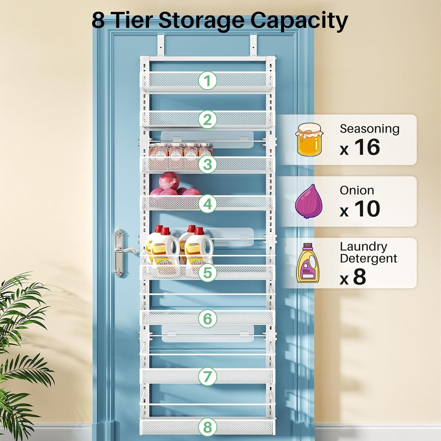 Over the Door Pantry Organizer - 8 Tier Adjustable Hanging Door Spice Rack, Large Capacity for Kitchen Pantry Storage (White)