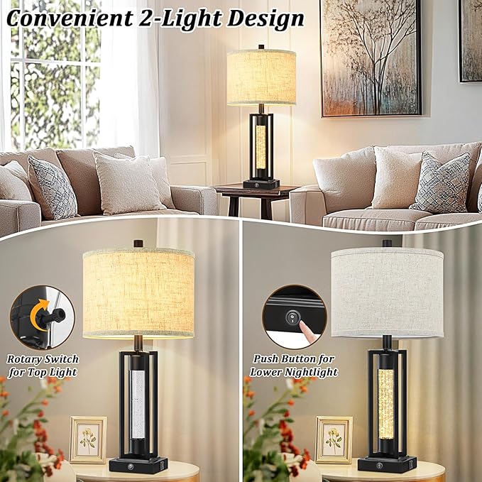 TOBUSA 26’’ Farmhouse Table Lamp for Living Room, Vintage Crystal Nightstand Lamp with 2 USB Ports, Rustic Bedside Lamp with Fabric Shade, Modern Black Desk Lamp with Crystal Night Light for Bathroom