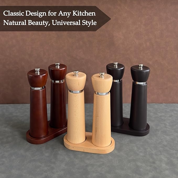 Wooden Pepper Grinder – Refillable Pepper Mill with Adjustable Upgraded Large Size Ceramic Burr – Manual Salt Grinder with Beech Wood Body – 8.3” Tall