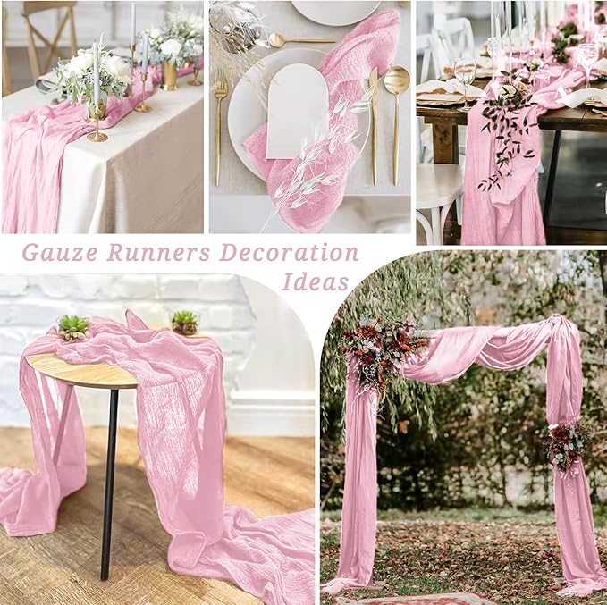 12 Pack 10Ft Light Pink Cheesecloth Table Runner 35 x 120 inch Boho Gauze Cheese Cloth Table Runner Vintage Rustic Sheer Runners for Wedding Bridal Shower Birthday Party Cake Table Decorations