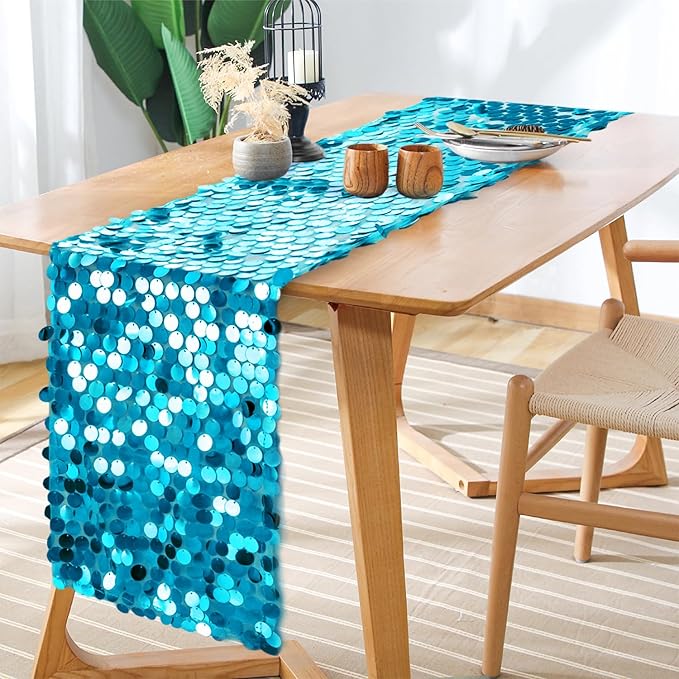 12 x 108 Inch Turquoise Sequin Table Runner Glitter Rectangle Big Sequin Table Runner for Wedding Party Birthday Christmas Halloween Decoration (1 Pack)