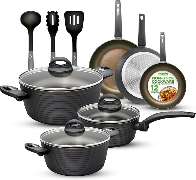 NutriChef Metallic Ridge Line Nonstick Cooking Kitchen Cookware Pots and Pan Set with with Lids and Utensils, 12 Piece Set, Gray