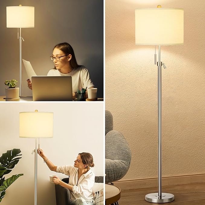 Brushed Nickel Floor Lamp for Living Room, Adjustable Height Standing Lamp with Metal Base, 3-Way Dimmable Tall Pole Light with White Linen Shade for Bedroom, Pull Chain Switch, 6W LED Bulb Included