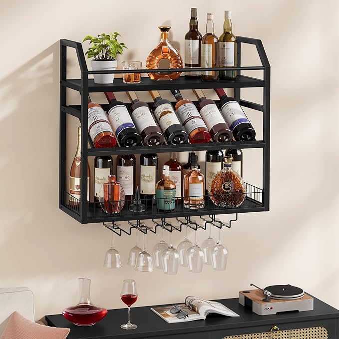 Hoctieon Wall Mount Wine Rack, Wall Mounted Wine Bottle Rack for Display and Storage, Hanging Bottle Holder, for Living Room, Dining Room, Bar, Wine Cellar, Black