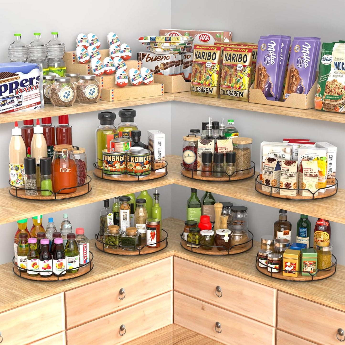 Lazy Susan Turntable Organizer for Cabinet Pantry Kitchen Countertop Refrigerator Cupboard, Pine Wood (Carbonized Black, 12“)