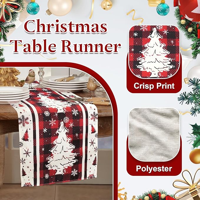 Buffalo Plaid Christmas Tree Table Runner, Red, 13x72 Inch