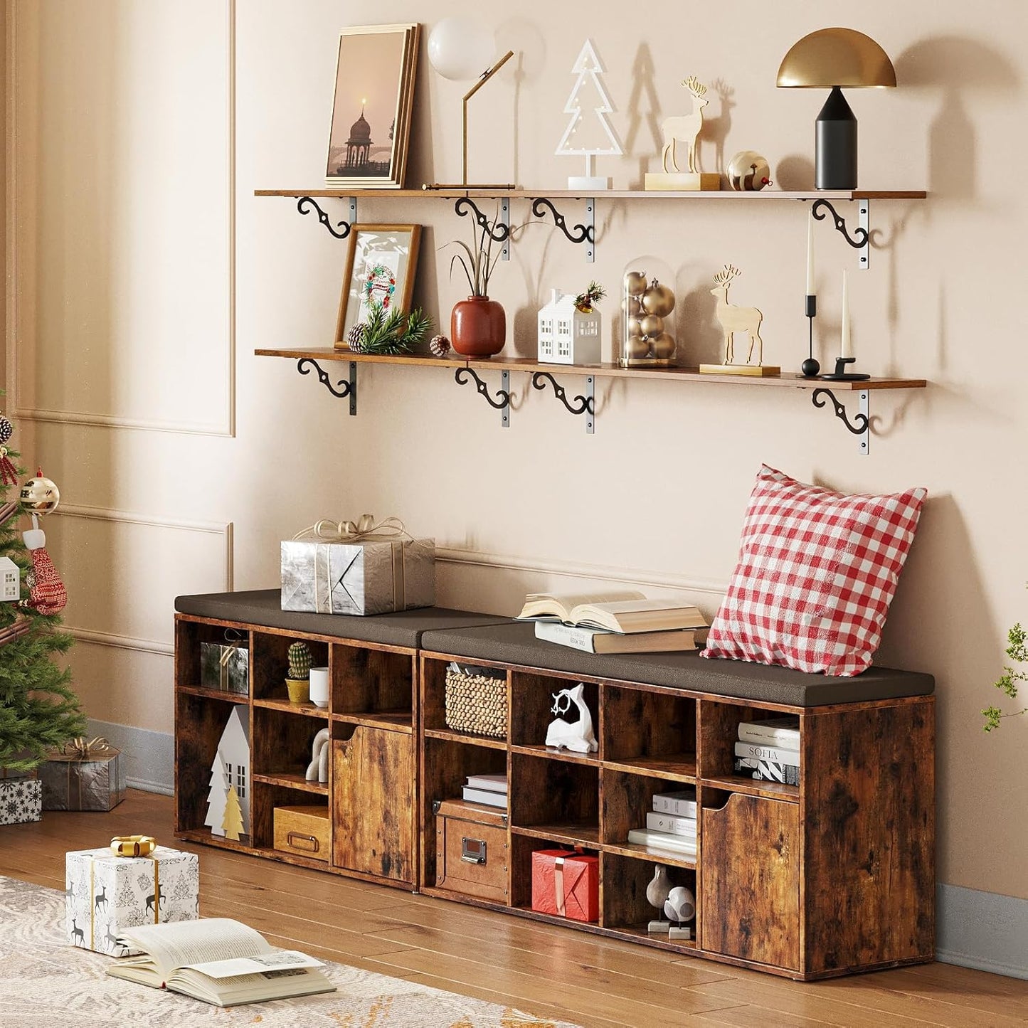 DINZI LVJ Long Wall Shelves, 39.4 Inch Large Floating Shelves Set of 2, Wide Display Shelf Wall Mounted with Brackets, Easy Hanging for Living Room, Toilet, Office, Bedroom, Rustic Brown