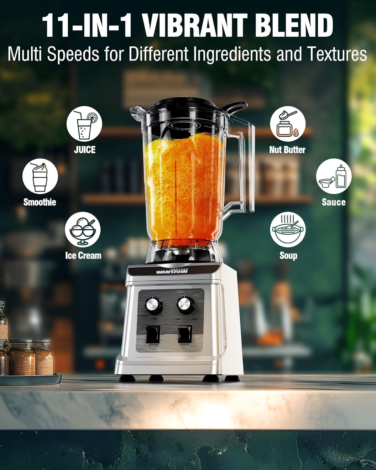 WantJoin Commercial Blender - 136 Oz Large Capacity Professional Blender Heavy Duty w/Pure Copper Motor,Dishwasher safe, 8-Blade Combo, 18800 RPM, Multi Speeds, Smoothie Blenders for Juice