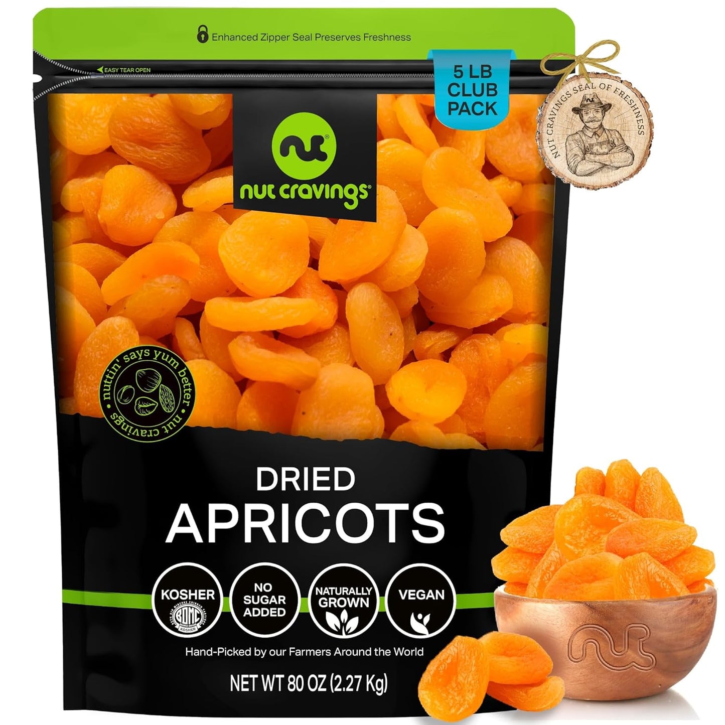 NUT CRAVINGS - Sun Dried Turkish Apricots, No Sugar Added (80oz, 5 LB, Bulk) Bulk Dry Fruits Packed Fresh in Resealable Bag - Sweet Healthy Snack, Naturally Grown, Vegan, Kosher