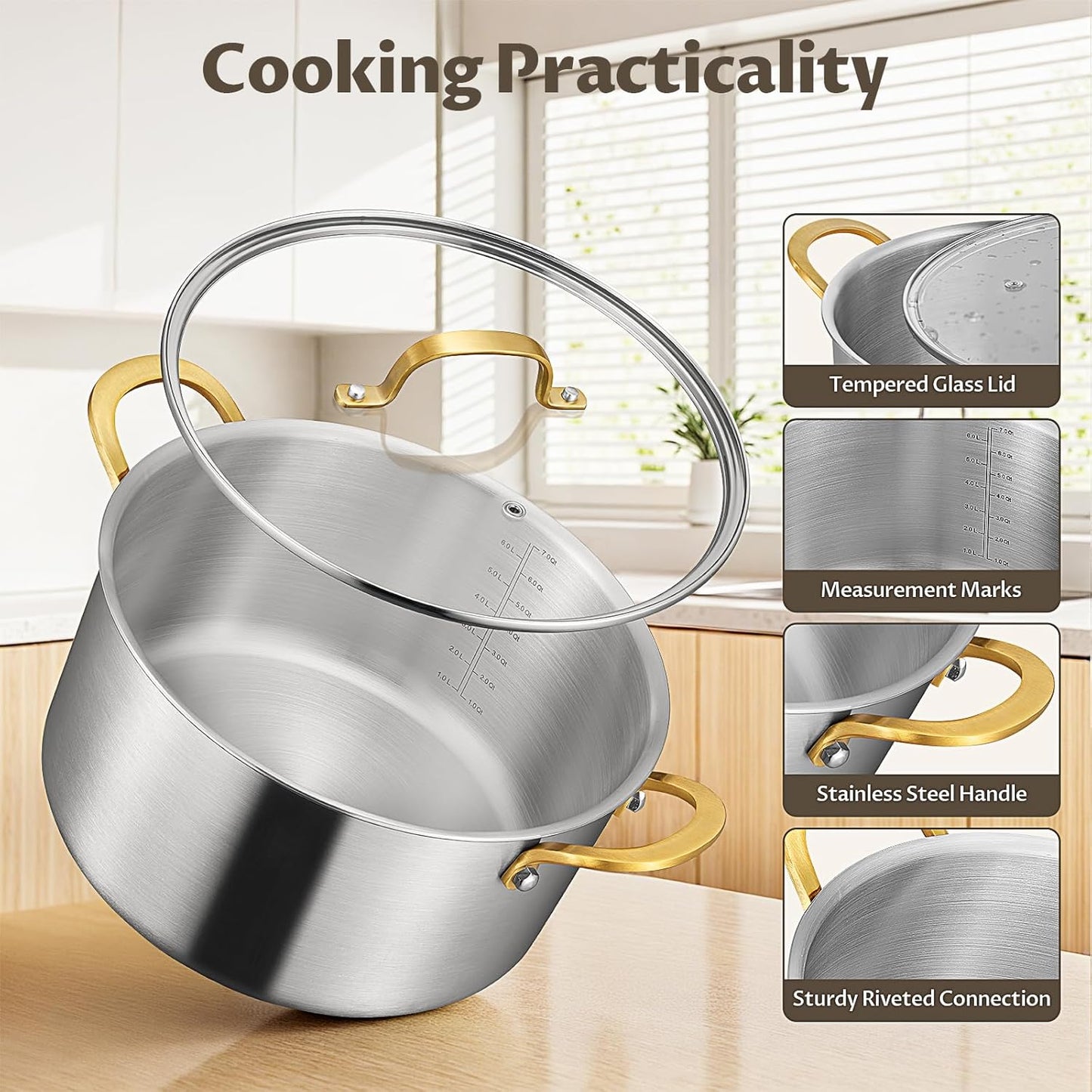BEZIA 8 Quart Tri-Ply Stainless Steel Pot, Stockpot with Tempered Glass Lid, Exceptional Heat Distribution, Induction Pot, Induction Cooking Pot for All Stoves, Dishwasher Safe, Silver