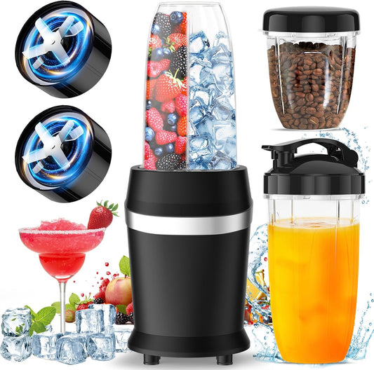 12-Piece Smoothie Blender Maker 25,000 RPM Personal Blender for Ice Crushing Smoothies & Frozen Drinks Nuts with 23oz, 32oz, 37oz Portable Cups Two 6-Leaf Stainless Steel Blades, Matte Black