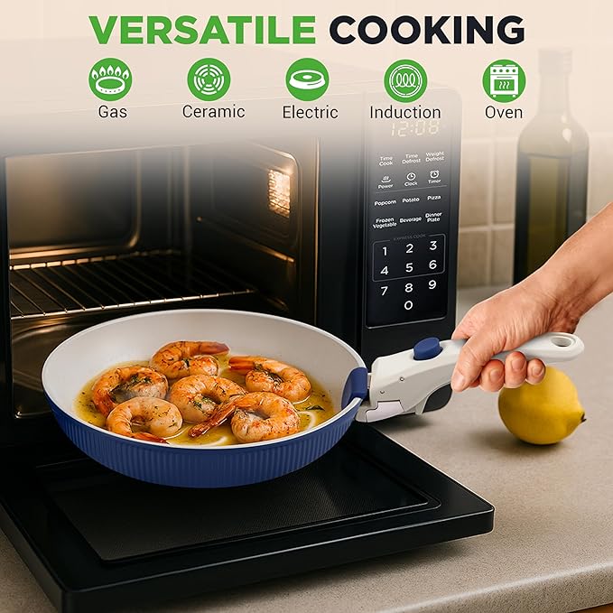 NutriChef 18-Piece Ceramic Cookware Set with Detachable Handles, Non Stick Pots and Pans, PTFE-Free Natural Ceramic Coating, Space-Saving Design, Oven & Stove Safe, Includes Utensils, Blue