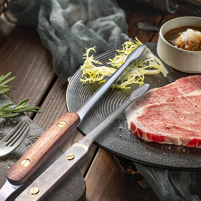 Exquisite Lightweight Cooking Tongs - 304 Stainless Steel & Walnut Wood, Comfortable Grip, Non-Slip Design, High Heat Resistant - Ideal for Light and small food, Kitchen Plating, Korean BBQ, 9-Inch